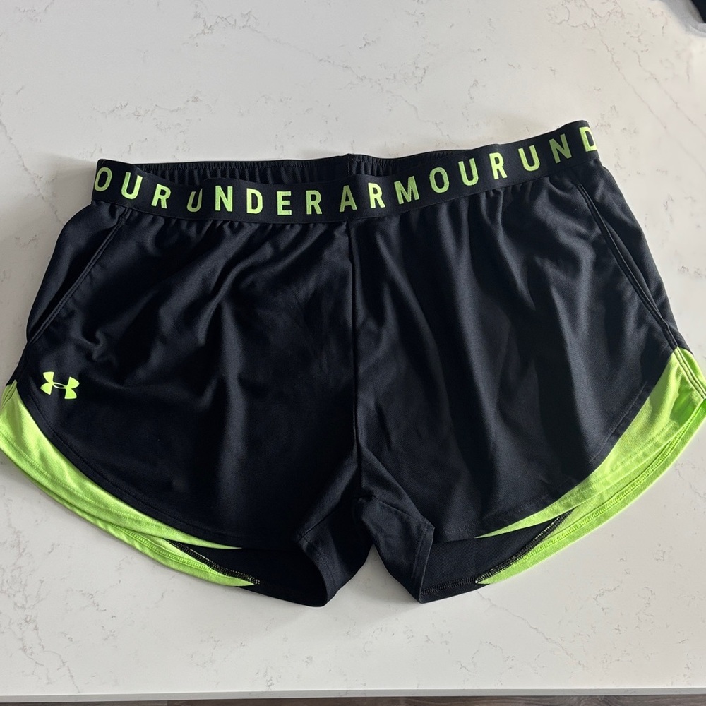 Under Armour Women's Black Shorts with Neon Green Accents - XXL